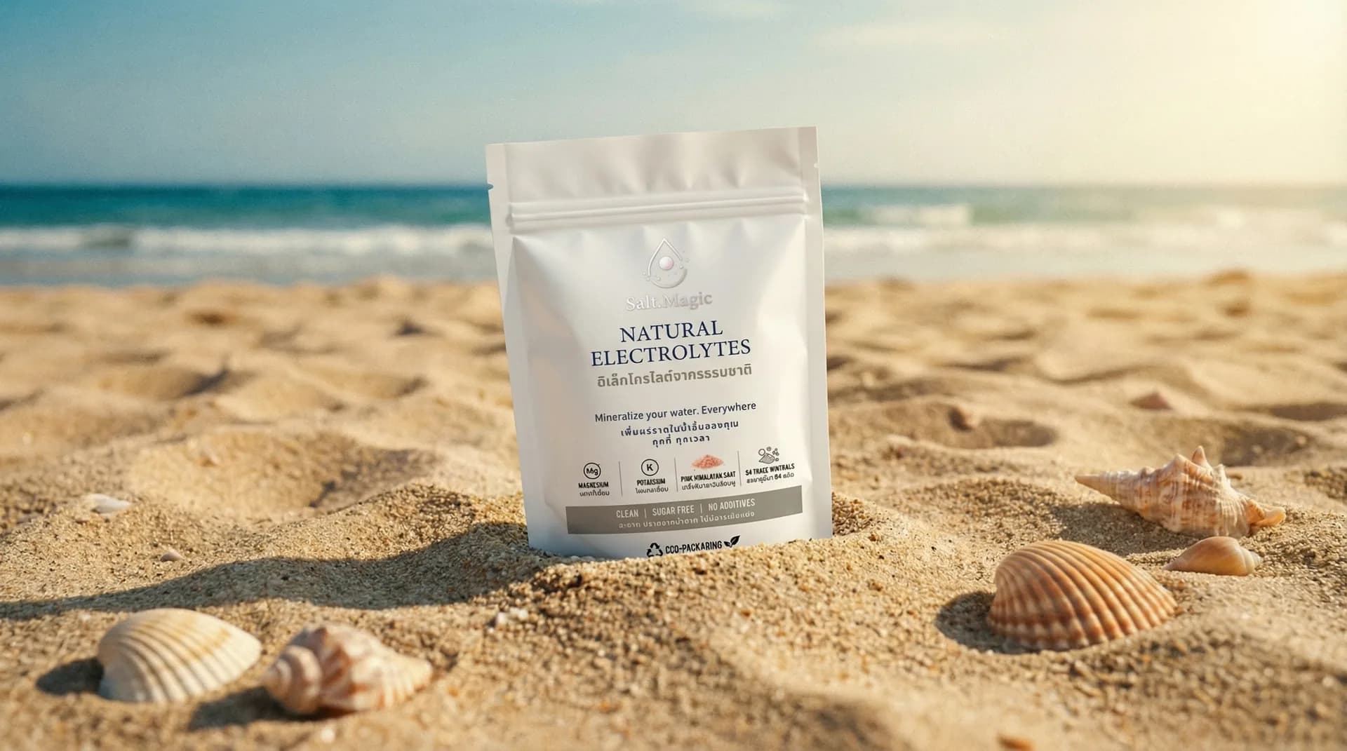 Salt.Magic natural electrolyte sachet on a sandy Thai beach with seashells - re-mineralizing solution for Thailand reverse osmosis dead water and daily magnesium, potassium, sodium hydration