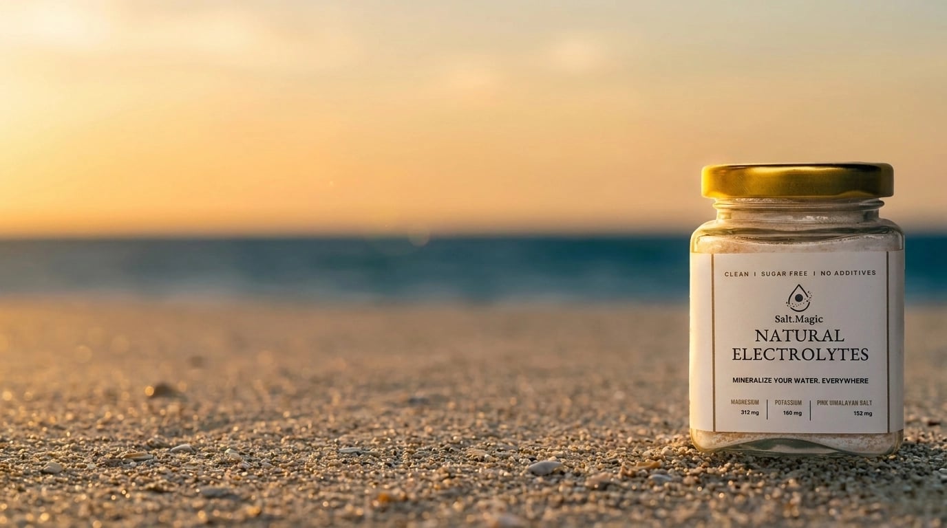 Salt.Magic glass jar on beach at sunset