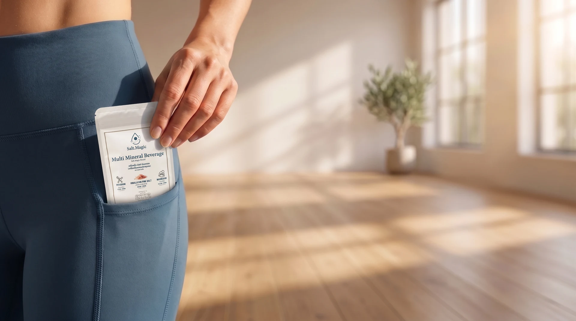 Salt.Magic sachet tucked in yoga leggings pocket