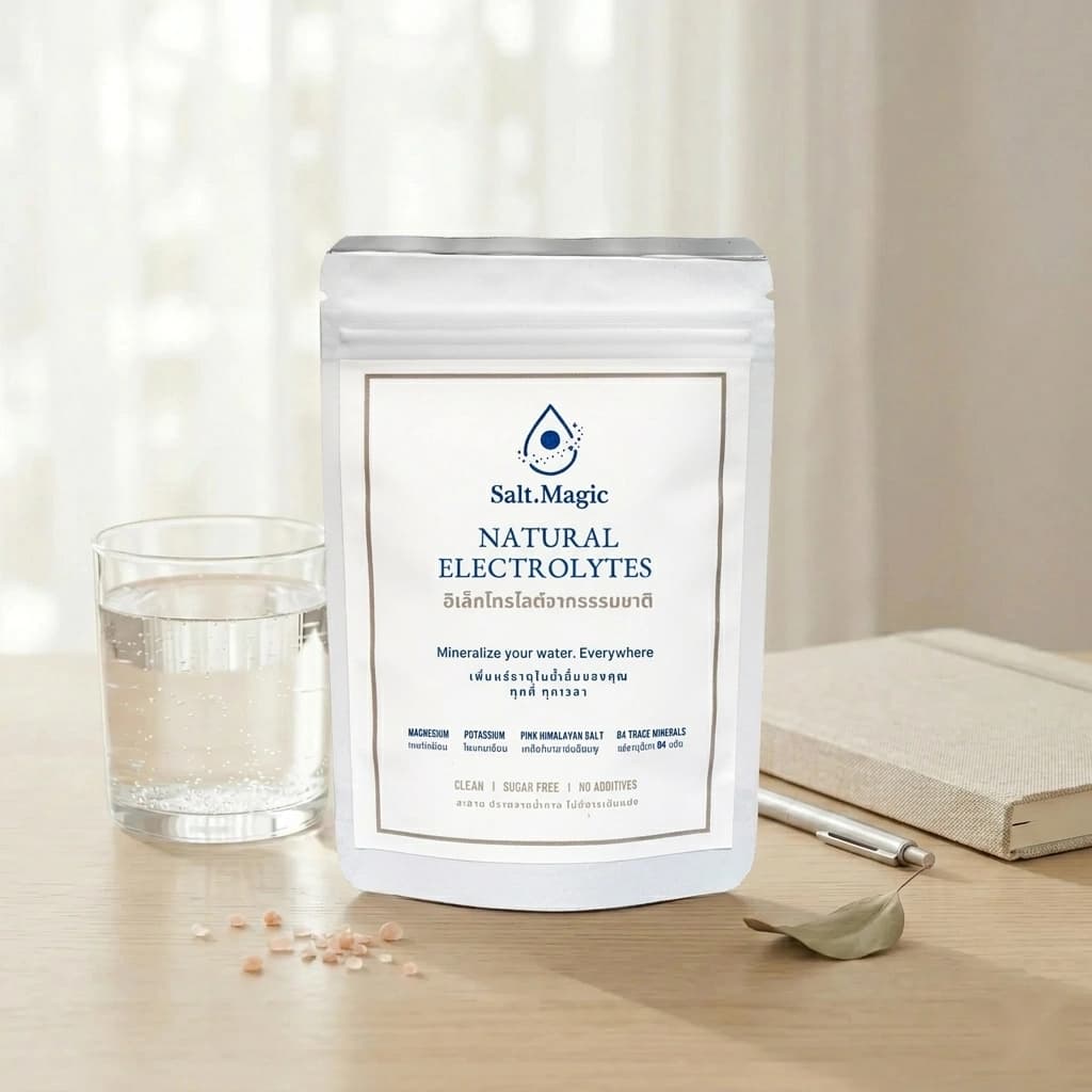 Salt.Magic natural electrolyte sachet beside a glass of mineralized water - magnesium, potassium, and pink Himalayan salt for daily hydration in Thailand